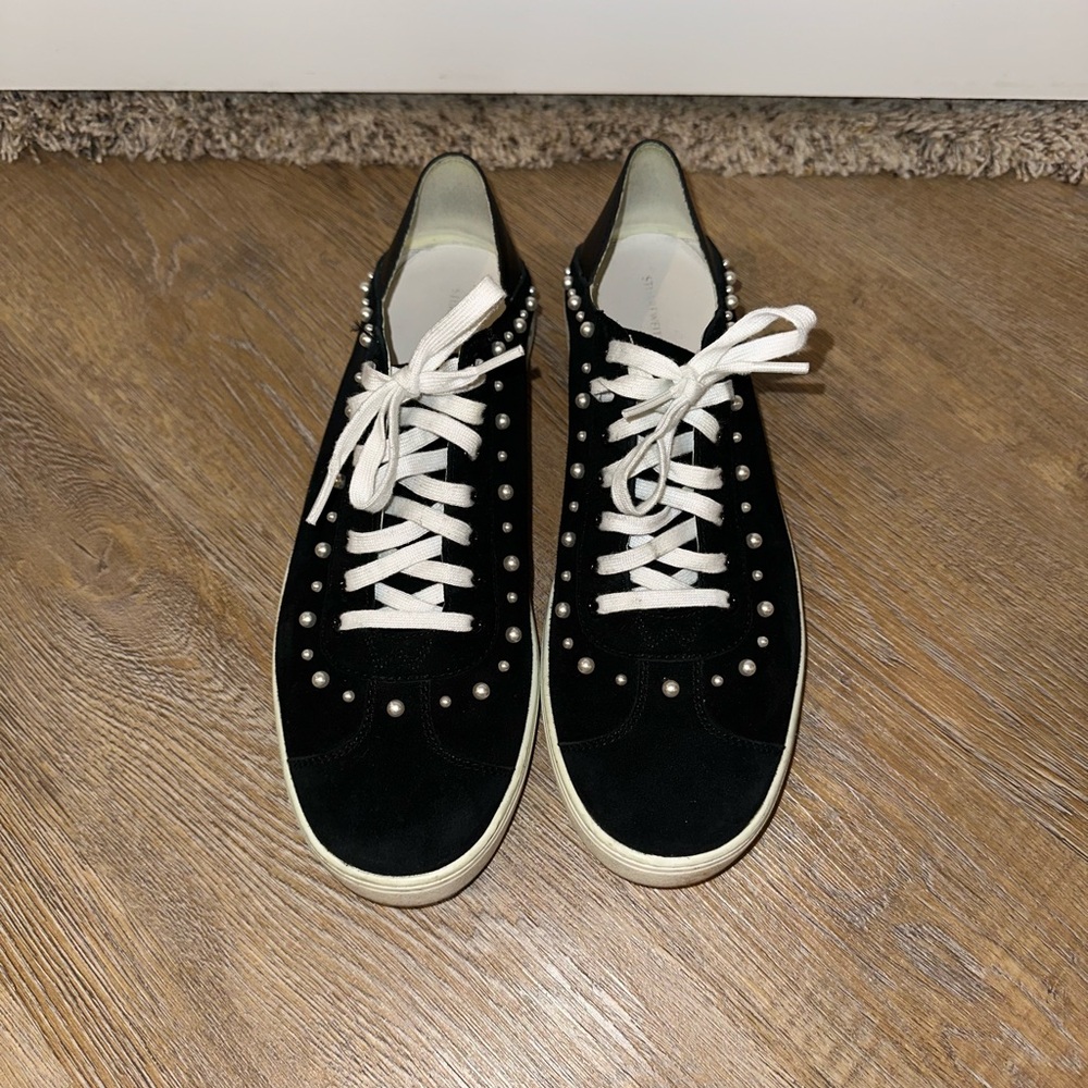 Stuart Weitzman White Pearl Studded Black Suede Sneakers